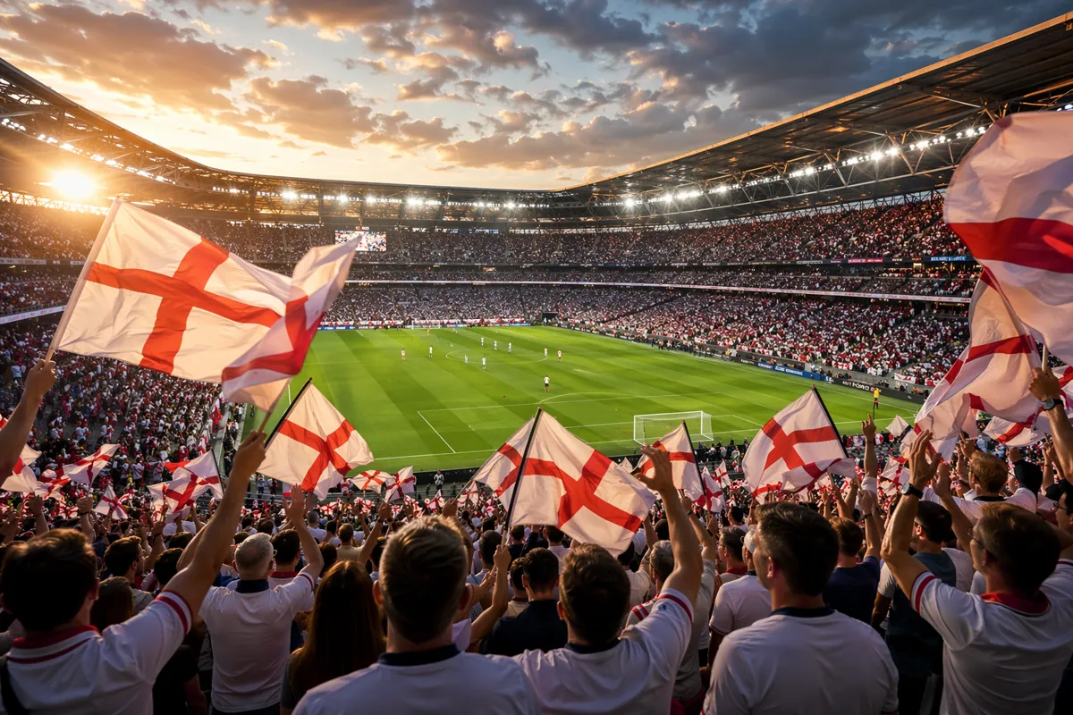 Wide shot of a professional football stadium at golden hour, England national team fans we