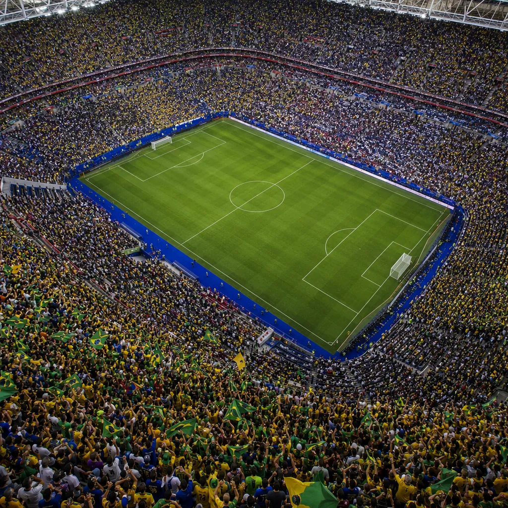 Aerial shot of a packed football stadium during a World Cup match, crowd of fans