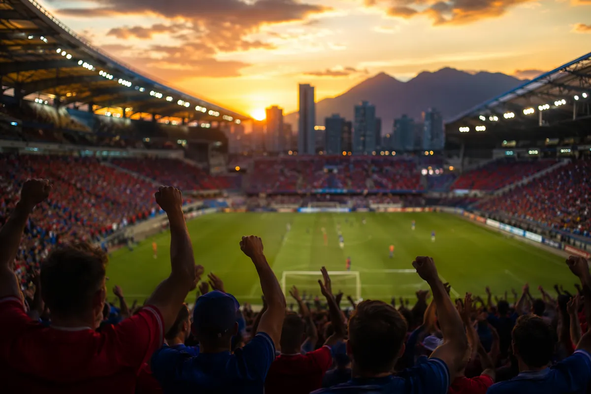 Professional football news header image, blurred modern football stadium in Vancouver at d