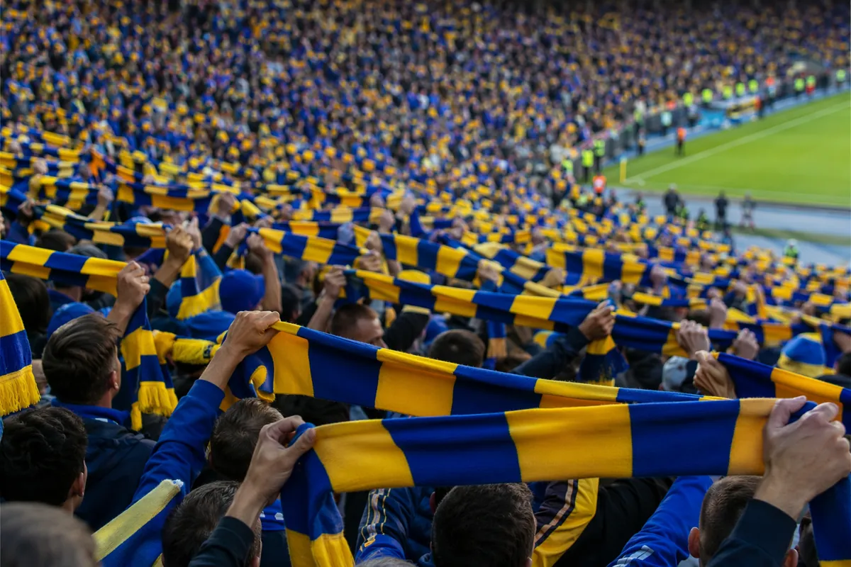 Wide shot of cheering football fans holding generic blue and yellow team scarves in a stad