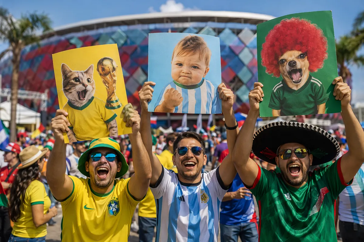 Vibrant 2026 FIFA World Cup fan celebration scene, fans wearing generic national team jers