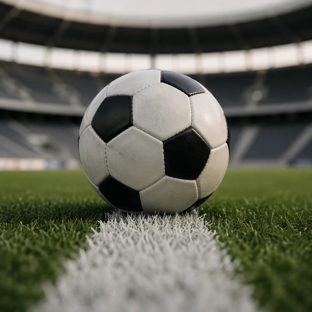 Close up of soccer ball on white center line of professional pitch, soft bokeh o