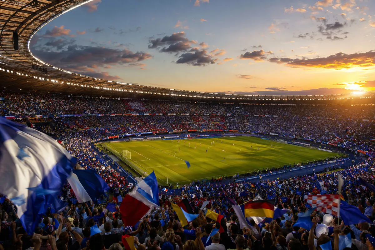 Wide shot of a packed World Cup football stadium at dusk, golden light hitting the green p