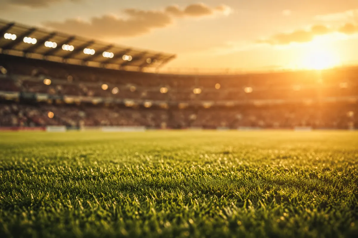 Professional sports news header image, blurred football stadium background with warm golde