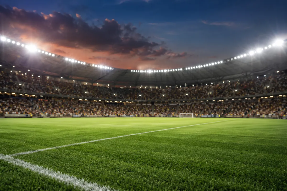 Professional football stadium with bright floodlights at dusk, empty green pitch, blurred