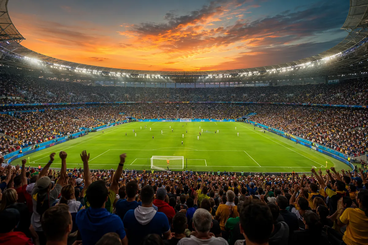 Wide shot of a packed FIFA World Cup football stadium at dusk, fans cheering with raised a