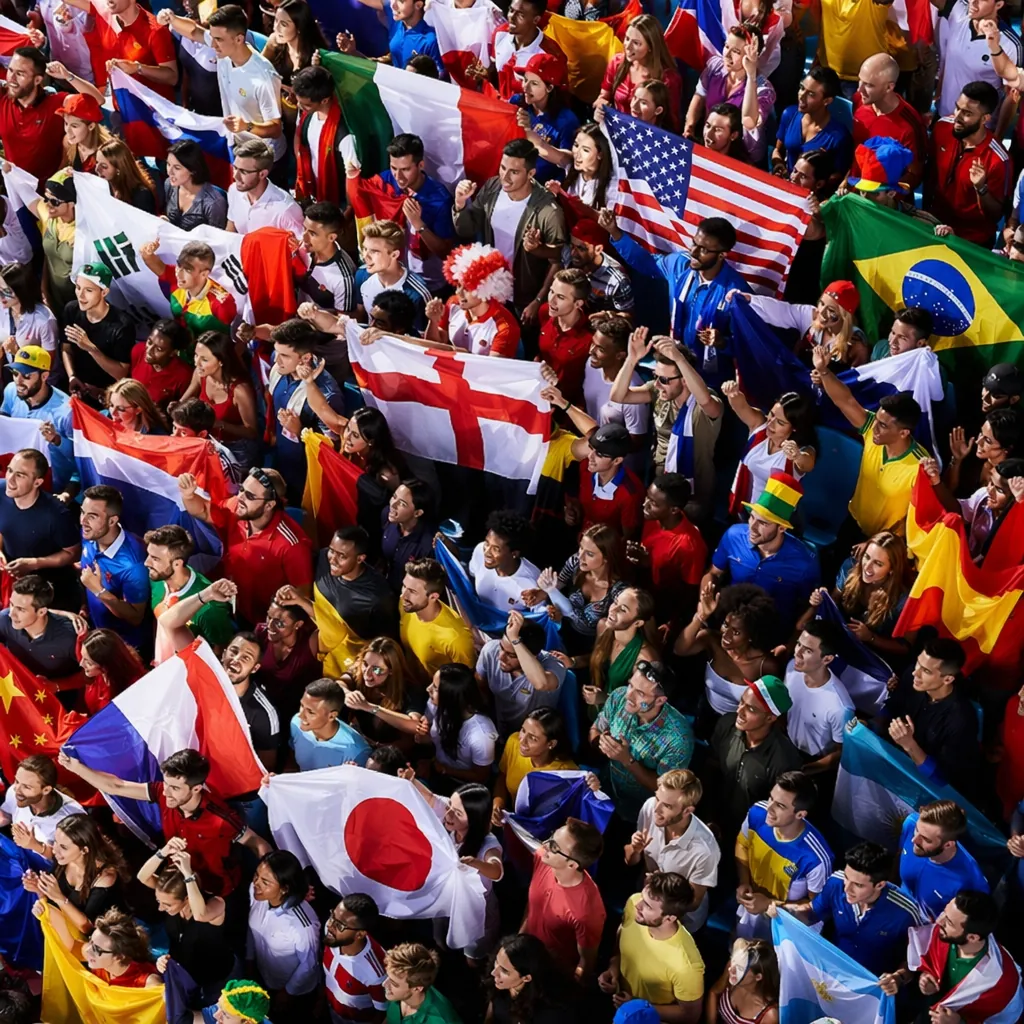 High angle shot of diverse football fans holding colorful national flags in the