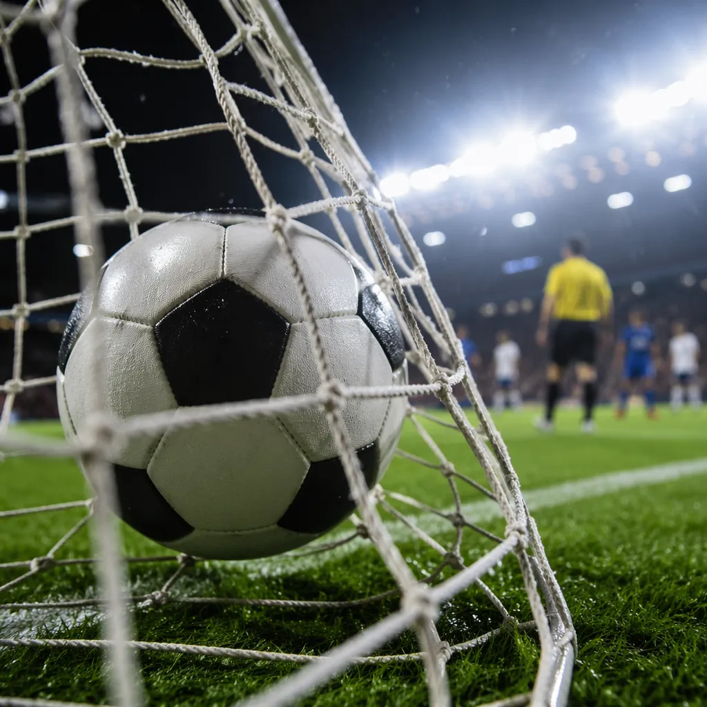 Close up shot of a football crossing the goal line inside the net, stadium light
