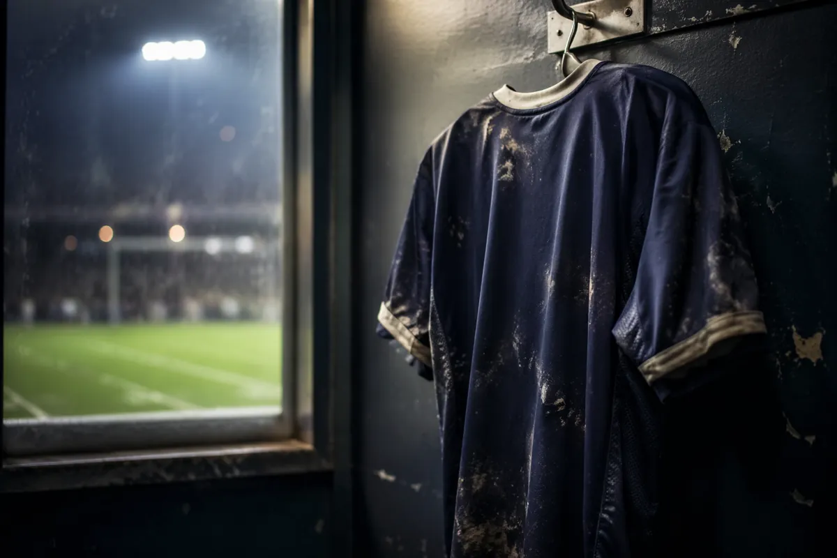 Worn dark blue football jersey hanging on a locker room hook, soft stadium ambient lightin