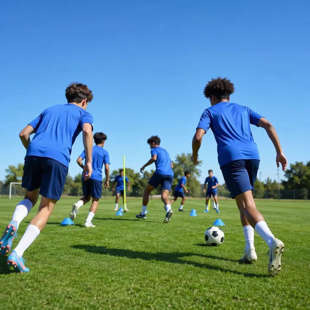 Wide shot of a group of teenage football players training on a bright green pitc