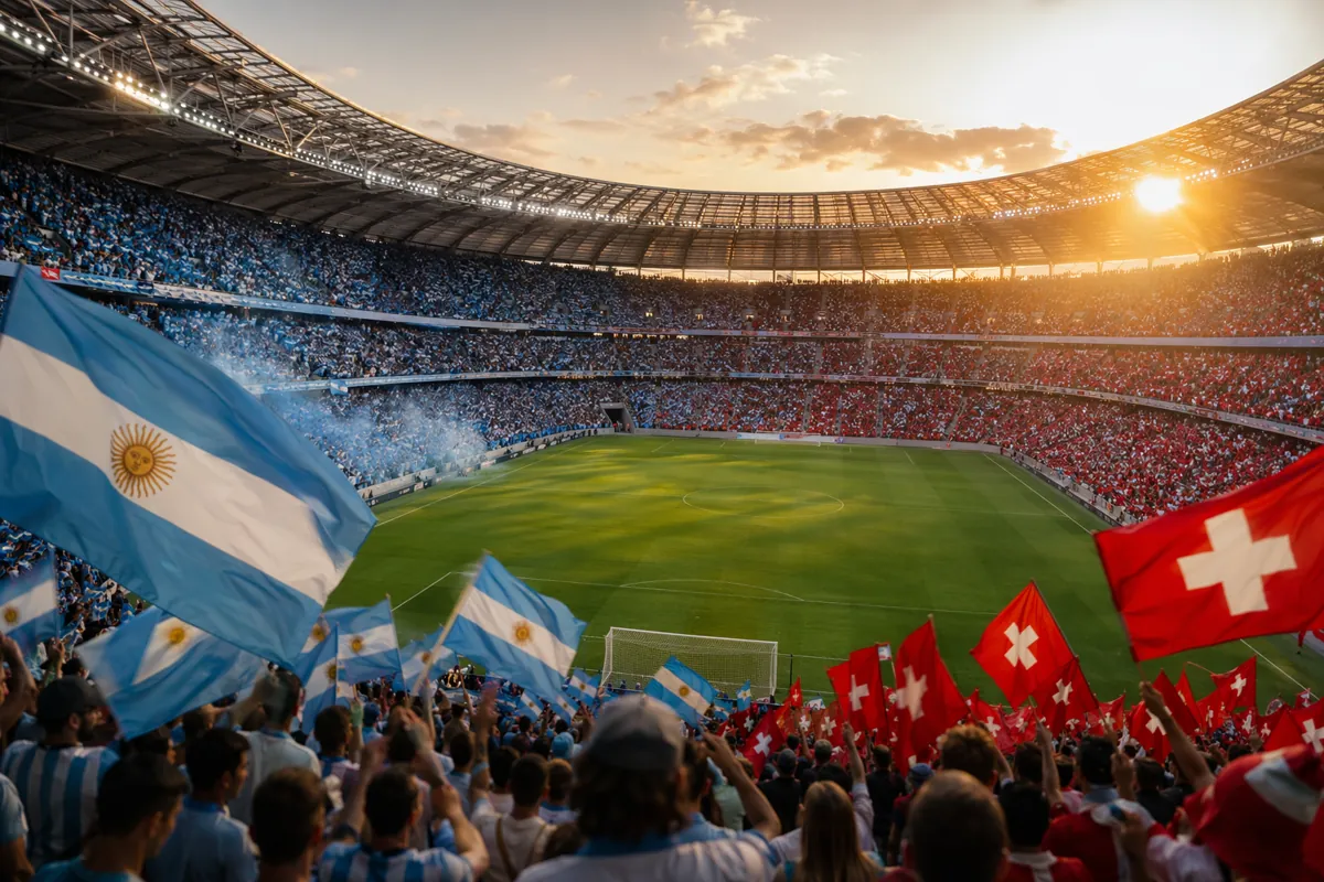 Editorial news header image, wide shot of a large modern soccer stadium at golden hour, st