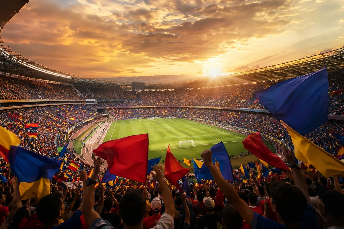 Wide shot of a packed football stadium during golden hour, fans waving colorful flags, vib