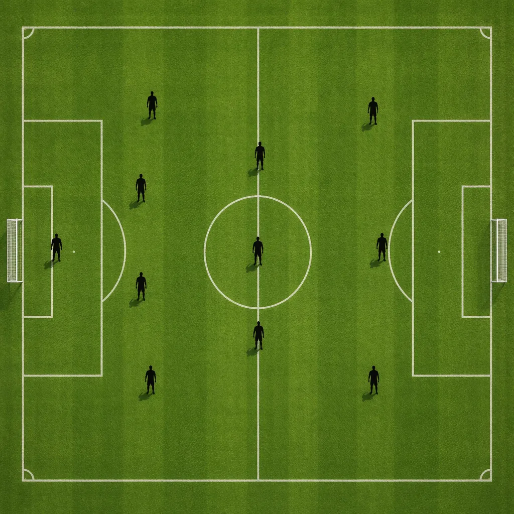 A top down shot of a generic green football pitch with 11 simple silhouettes of