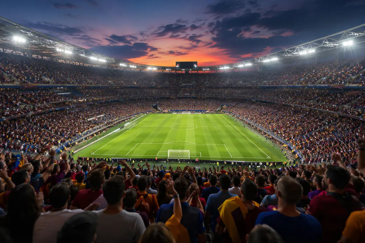 Wide shot of a generic modern football stadium at dusk, with blurred crowd of fans wearing