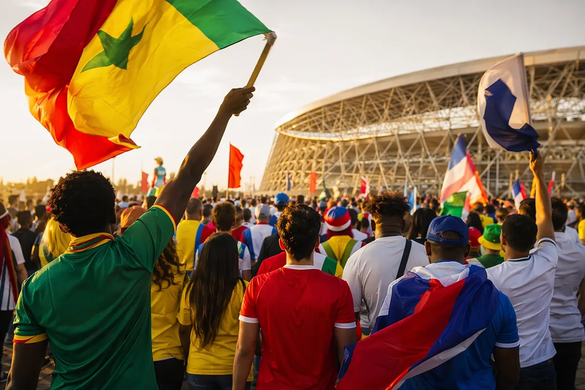 Editorial news photo of a vibrant, inclusive World Cup fan zone outside a large modern soc