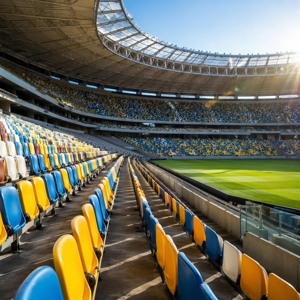 Editorial photo of empty, brightly colored stadium seats inside a World Cup venu