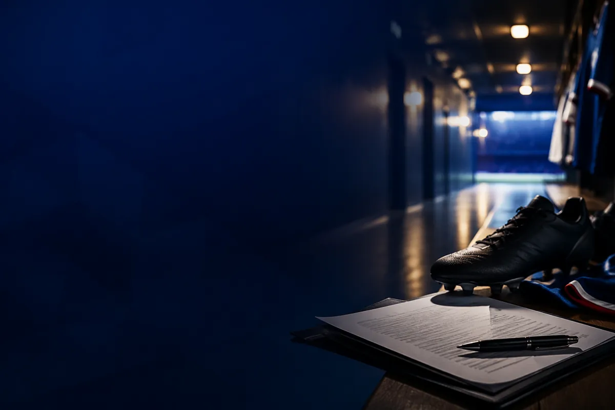 Professional sports news header image, dark blue background, blurred football stadium corr