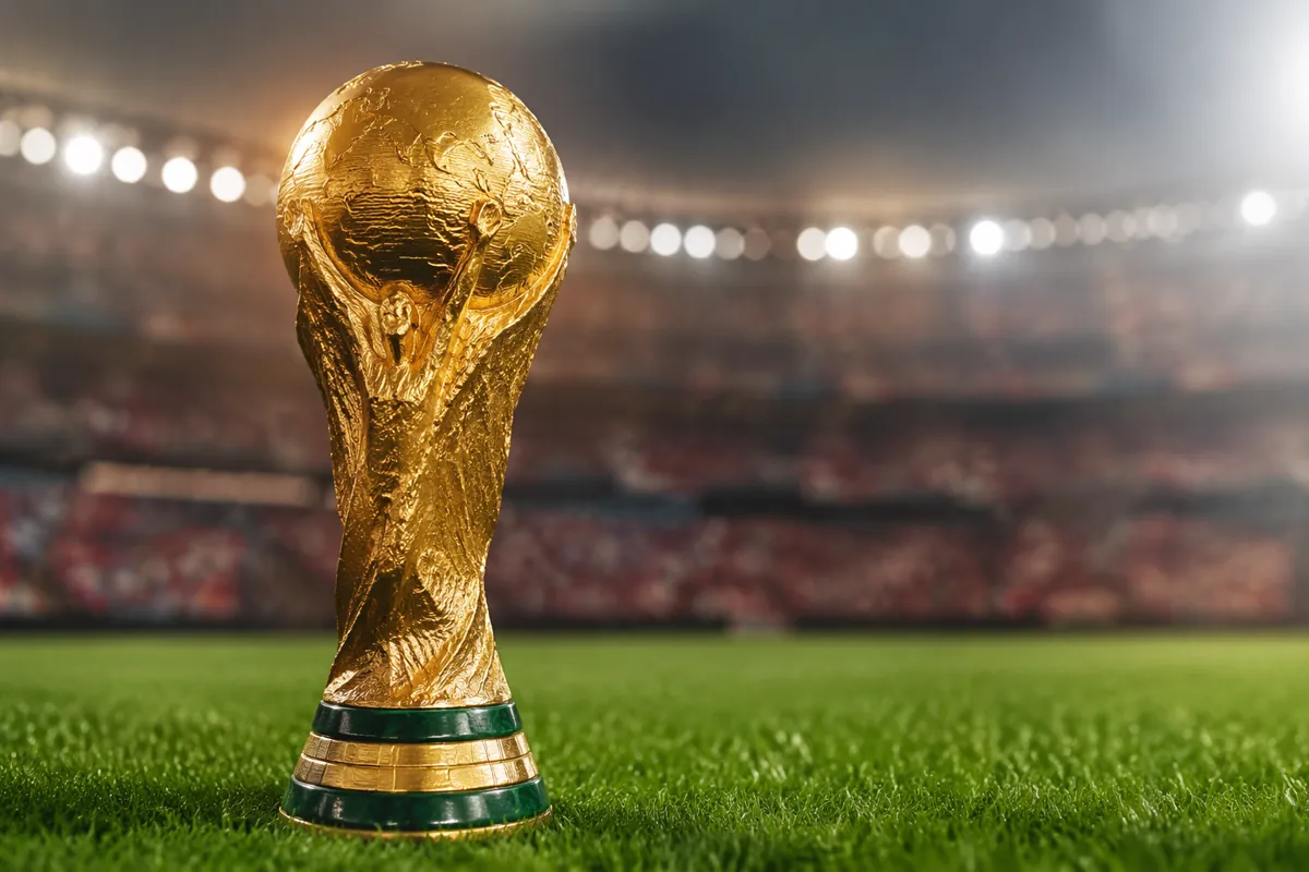 Professional sports news header image, close-up of a golden football world cup trophy plac