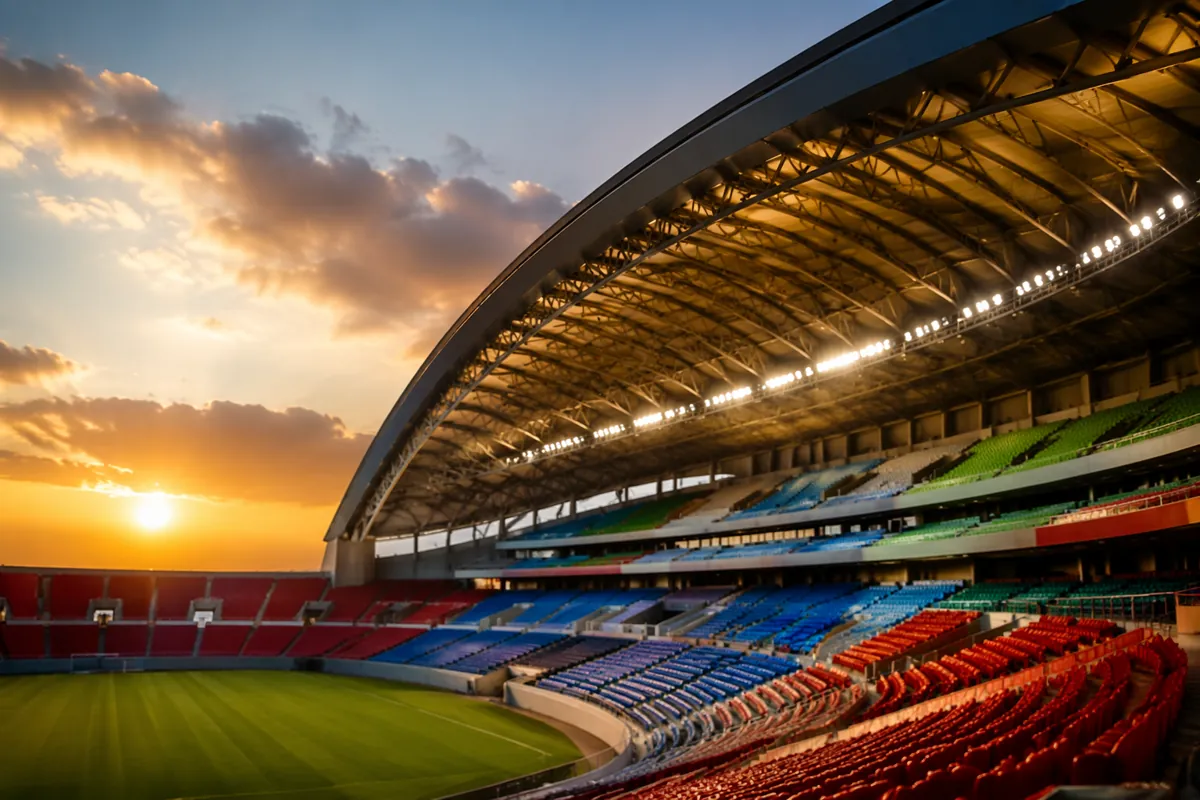 Professional sports news header image, blurred background of modern FIFA World Cup stadium