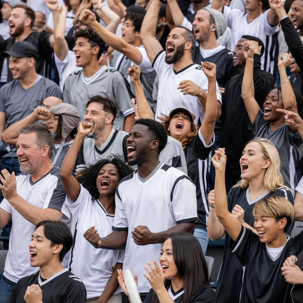 Wide shot of diverse football fans wearing neutral colored jerseys, cheering in