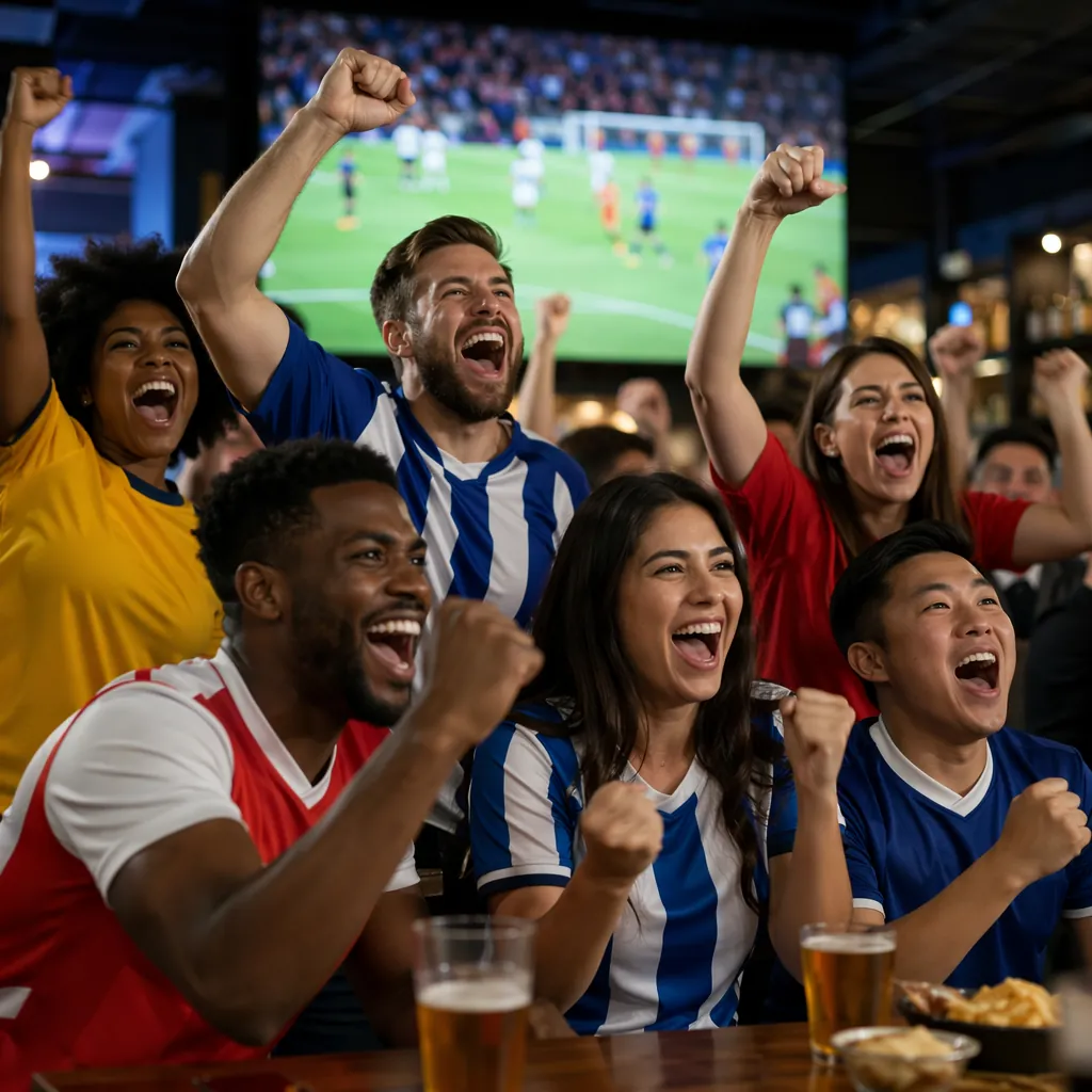 Diverse group of football fans cheering together in a sports bar, watching match