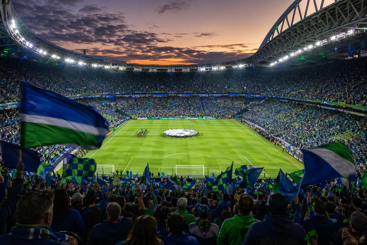 A wide shot of a packed modern football stadium at dusk, bright stadium lights illuminatin