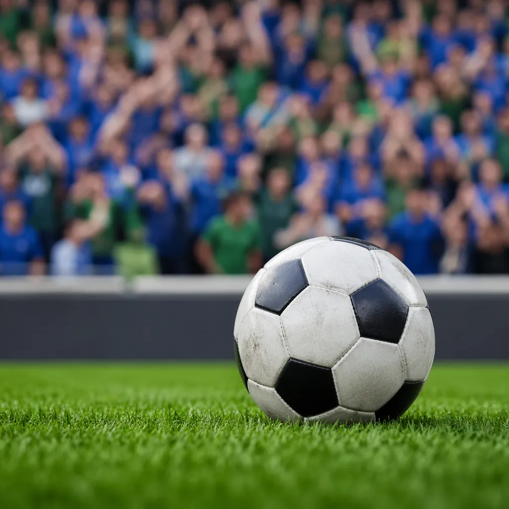 Close-up of a football on a well-maintained green pitch, blurred background of c