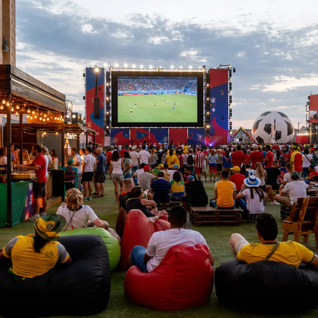 Wide shot of a World Cup themed fan zone, people gathering to watch the match on