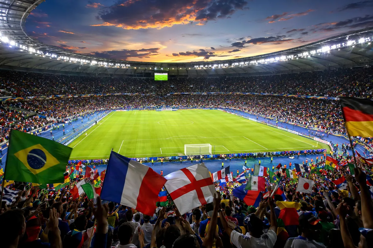 Wide shot of a vibrant international football stadium at dusk, packed with cheering fans w