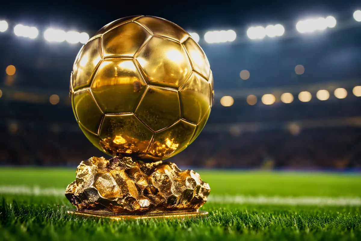 Close up of a golden football trophy on a well-maintained green grass field, blurred stadi