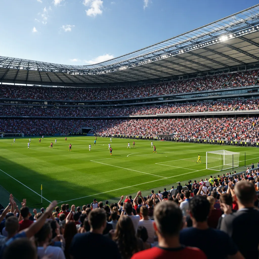 Wide shot of a packed modern football stadium during a daytime match, blurred ch