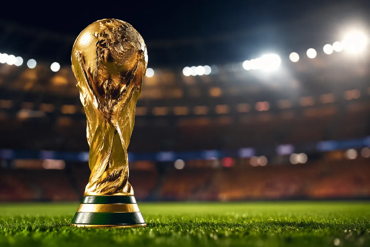 Close-up of a golden FIFA World Cup trophy replica placed on well-maintained green soccer