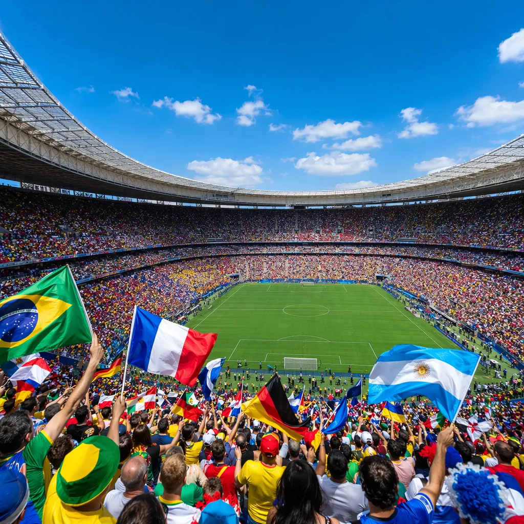 Wide shot of a packed World Cup stadium with fans waving colorful flags, bright
