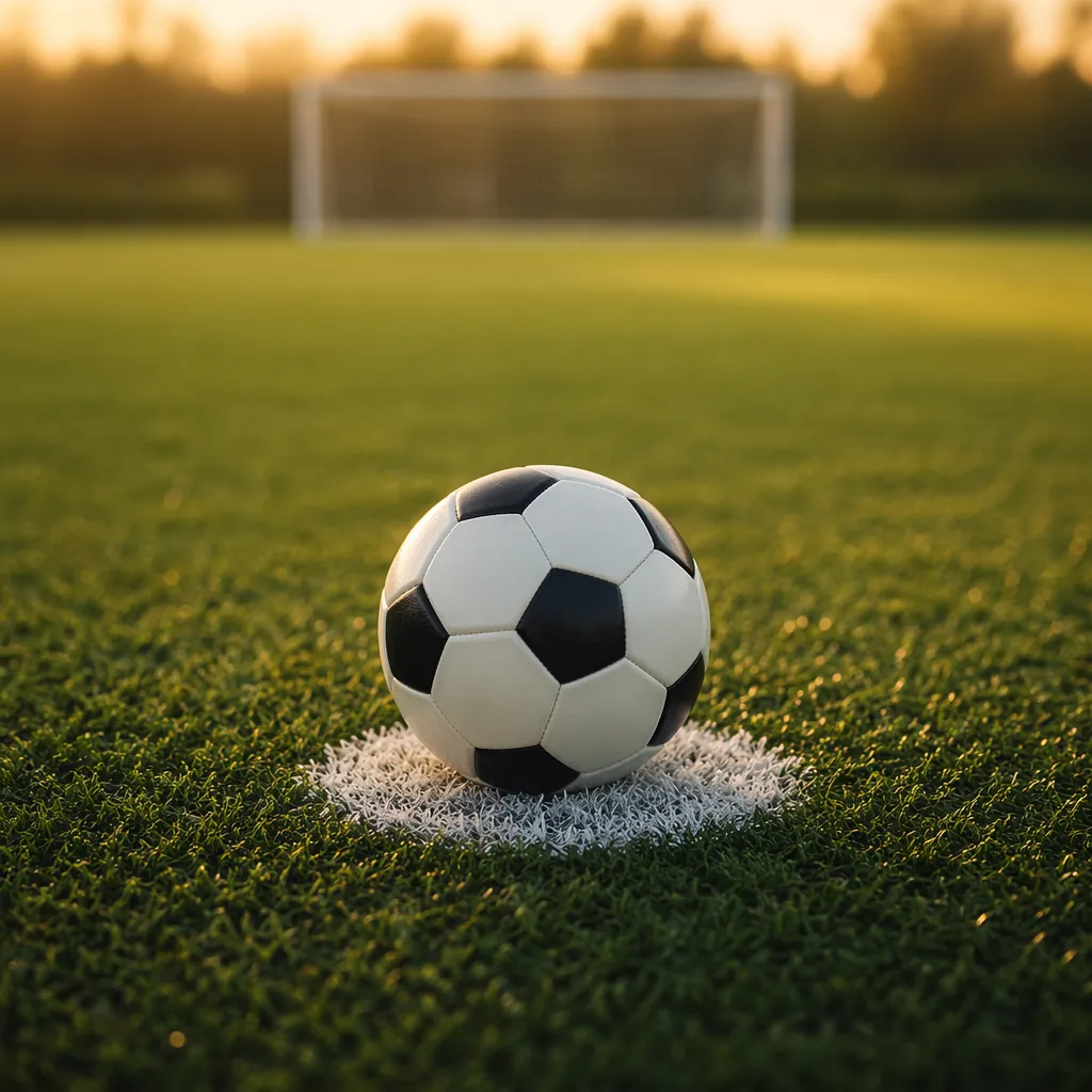 Soccer ball resting on the white penalty spot of a green football pitch, warm ev