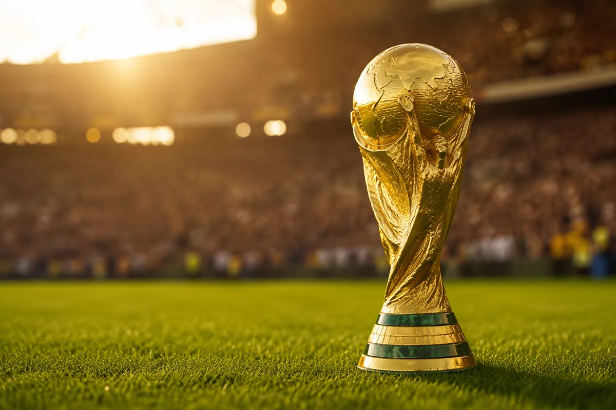 Golden FIFA World Cup trophy placed on a perfectly manicured green football pitch, blurred
