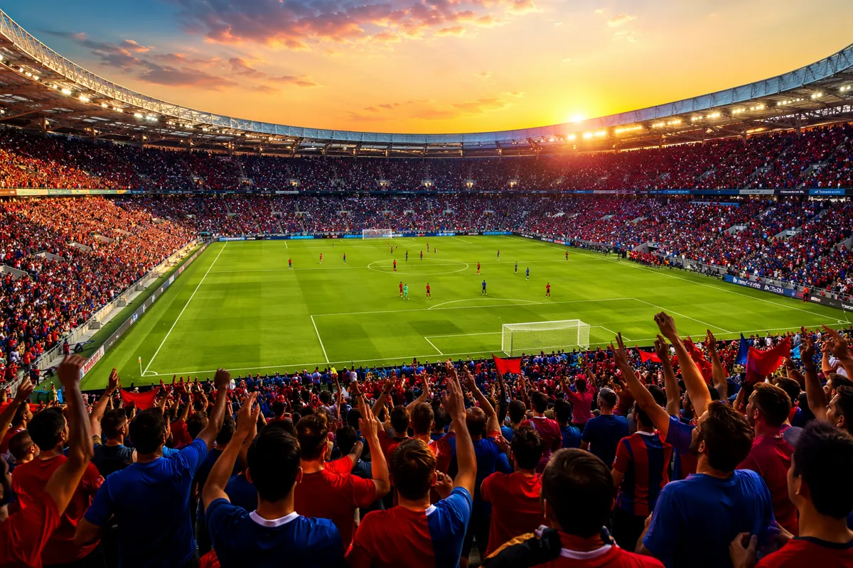 Wide shot of a vibrant world cup football stadium at dusk, packed with cheering fans weari