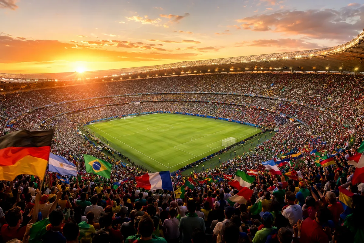 Wide shot of a packed World Cup stadium at sunset, with green football pitch in the center