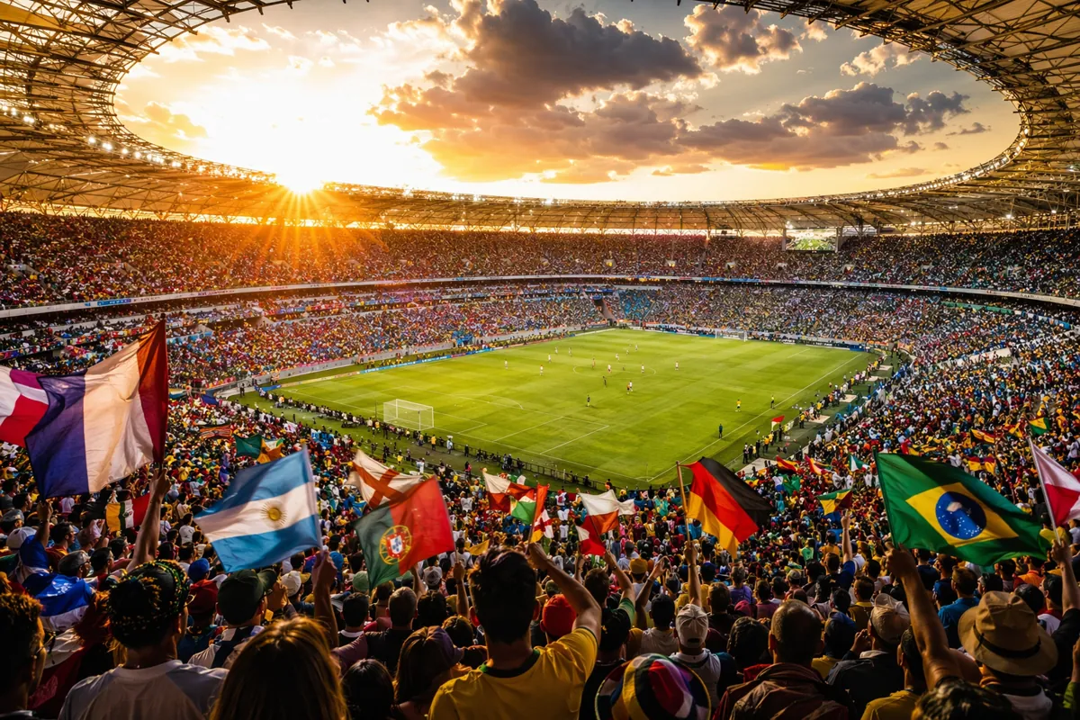 Wide shot of a packed World Cup football stadium during golden hour, fans waving colorful