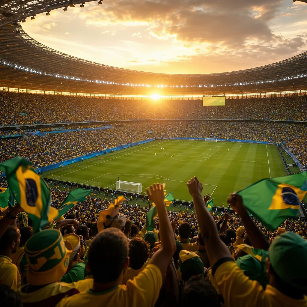 Wide shot of a modern football stadium filled with cheering fans during a World