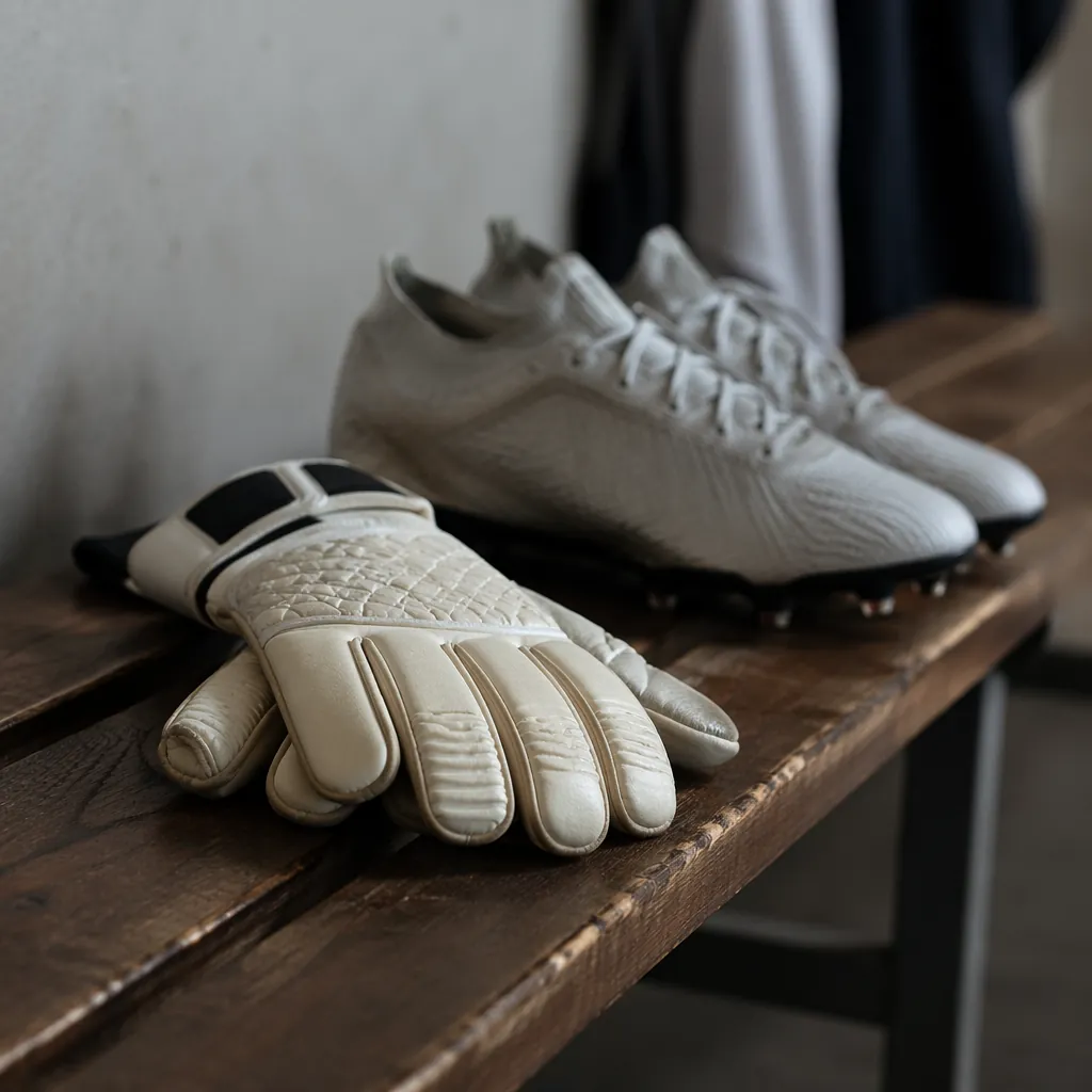 Detail shot of a goalkeeper's gloves and football boots placed on a locker room