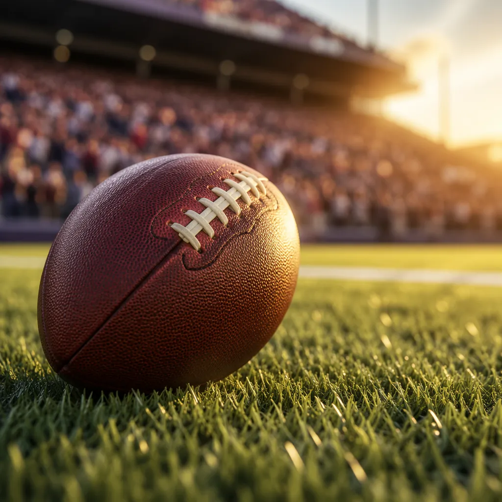 Close-up shot of a football rolling on the green pitch with blurred cheering fan