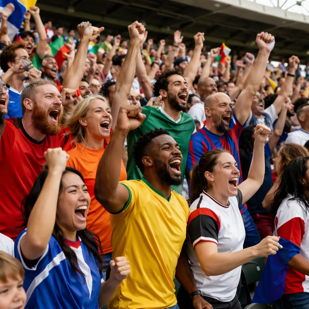Wide shot of diverse football fans celebrating with raised arms in a stadium sta