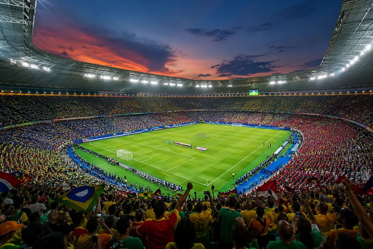 Wide shot of a vibrant World Cup football stadium at dusk, with colorful spectator stands