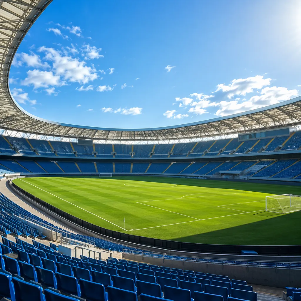 Wide shot of a sunny empty soccer stadium in summer, green pitch in the center,