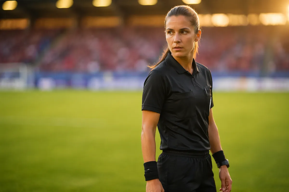 Professional female soccer referee in dark uniform standing on green soccer field, blurred