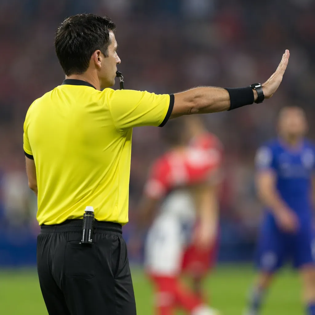 Side view of soccer referee giving a hand signal during match, blurred players i
