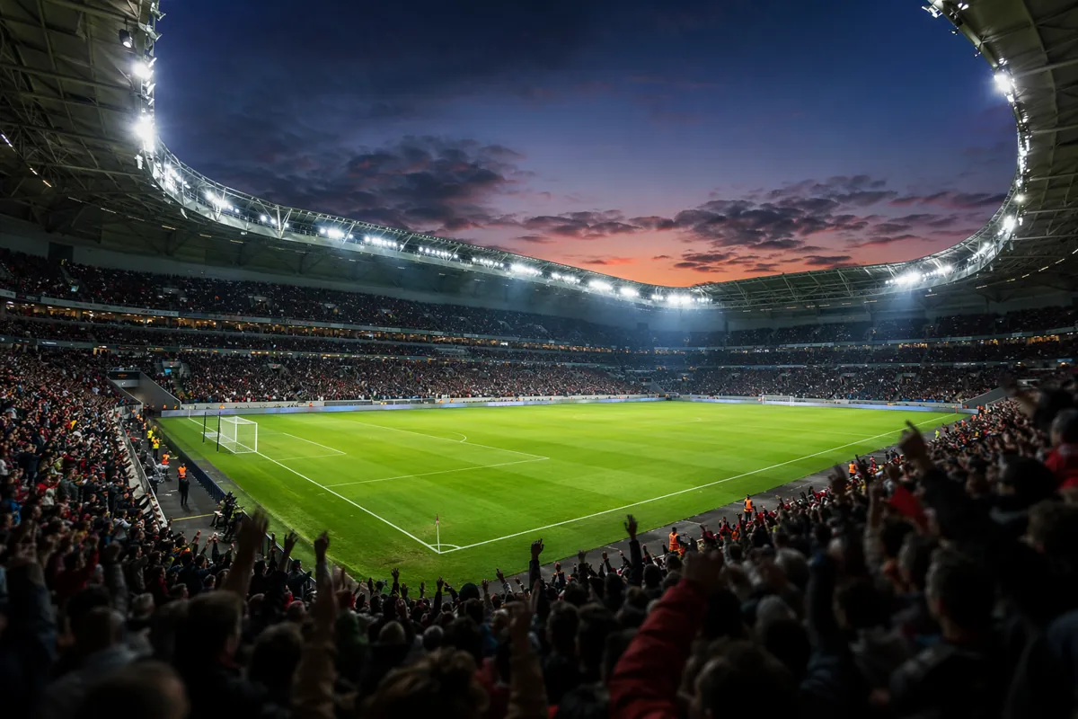 Wide shot of a modern football stadium at dusk, bright floodlights illuminating the green