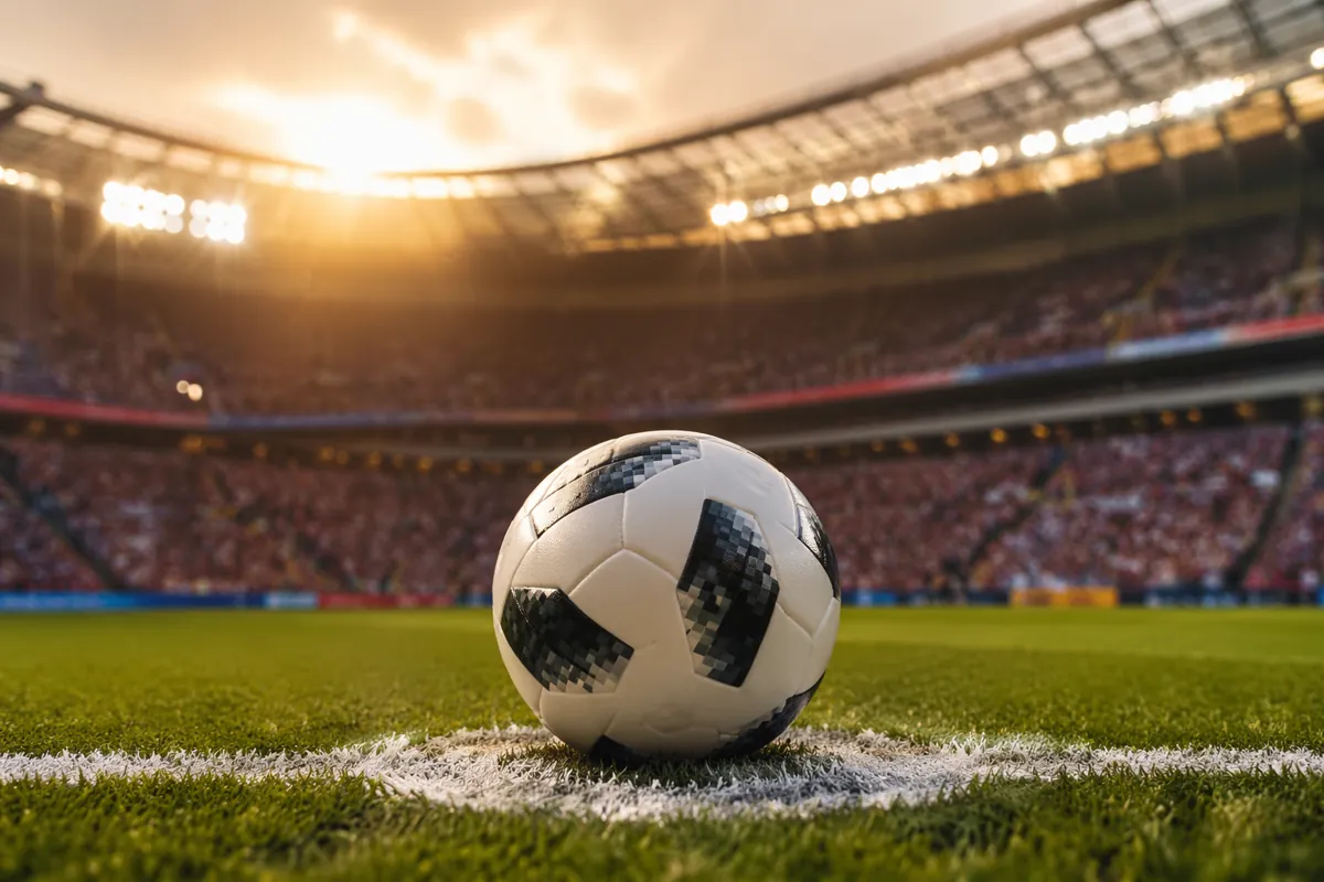 Close-up shot of a soccer ball resting on the penalty spot in a modern world cup stadium,