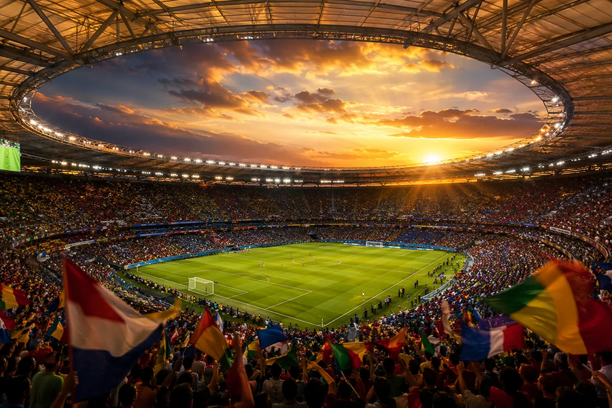 Wide shot of a modern FIFA World Cup style football stadium at dusk, colorful generic fan