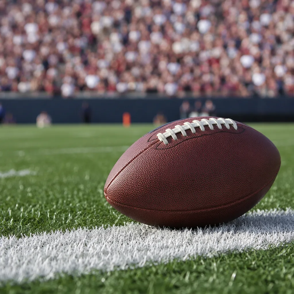 Close up shot of a standard football resting on the white boundary line of a pro